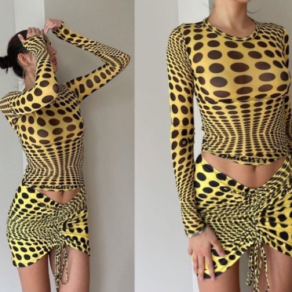 omighty Dresses & Skirts - OMIGHTY yellow black mesh polka dot illusion long sleeve top and skirt set